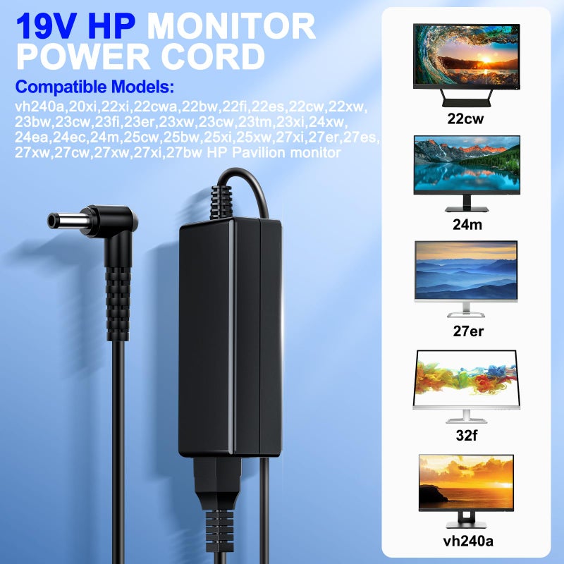 VHBW for HP Monitor Power Cord 27" 25" 23.8" 23" 21.5" 20" 19V Power Supply for HP Monitor 24f 22cwa 24m 23er 23es 27eb 32f vh240a 24ea 27 25vx ADPC1945 IPS LED Backlit Full HD Display - Image 3